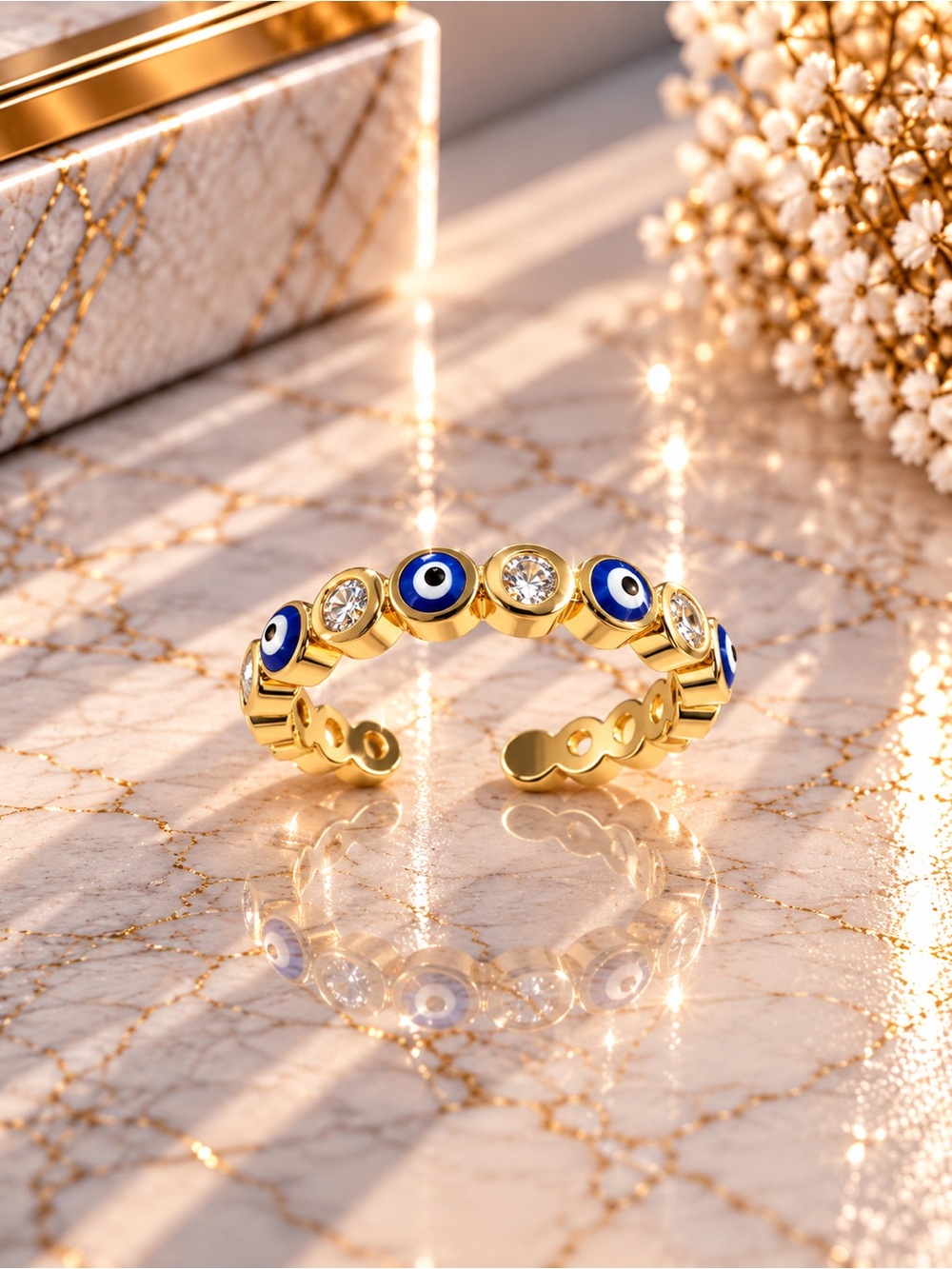 Gold Filled Adjustable Evil Eye Ring with Blue Accents - Women Jewelry
